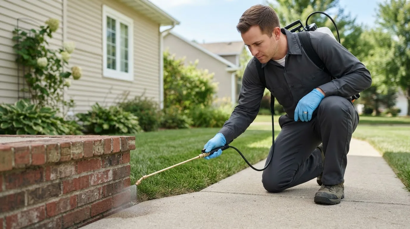 Pest control technician treating a home near East Springfield, PA
