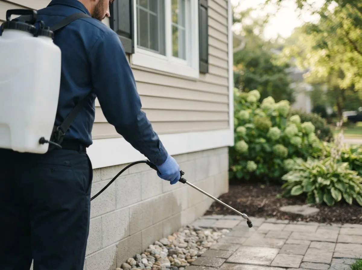 Pest control technician inspecting a home in East Springfield, PA